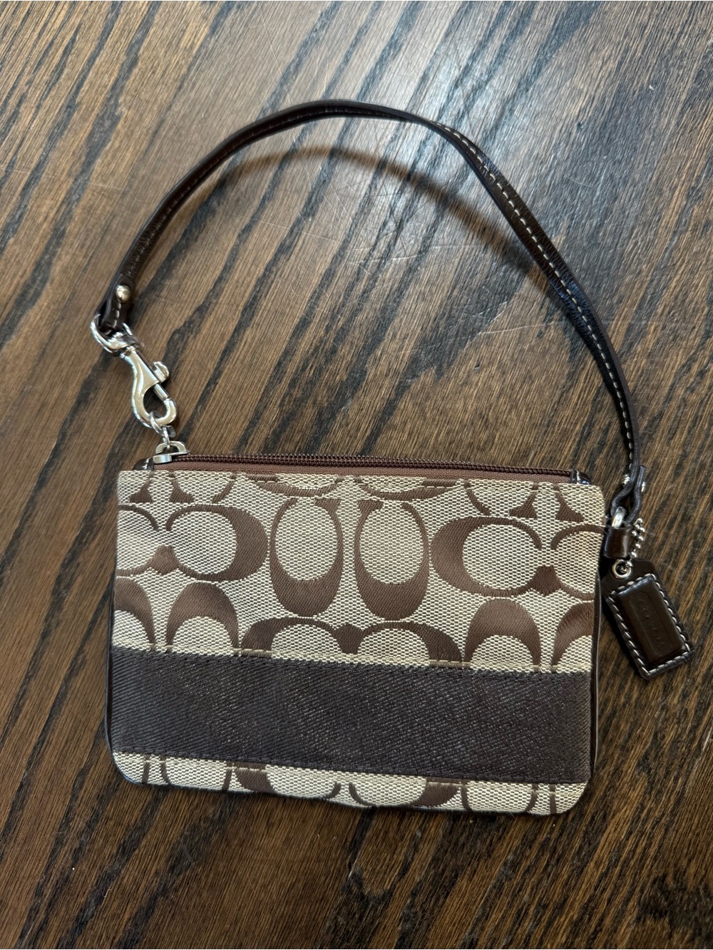 Coach Signature Jacquard Wristlet Brown tan Leather Trim Y2K